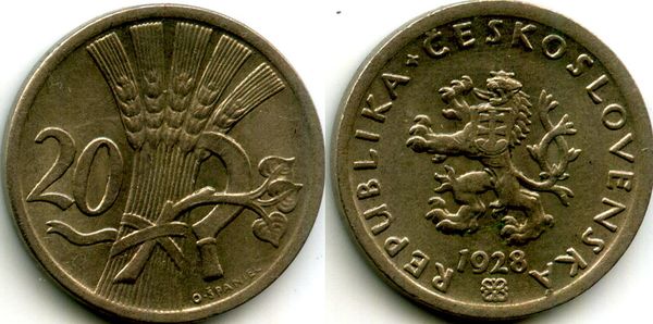 Монета 20 геллеров 1928г сост Чехия