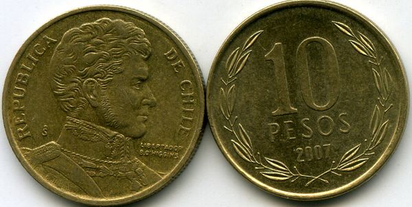 Монета 10 песо 2007г Чили
