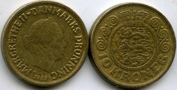 Монета 10 крон 1989г Дания