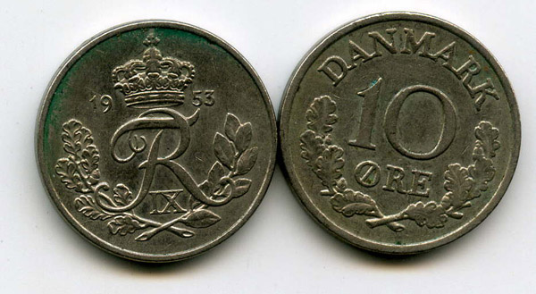 Монета 10 оре 1953г Дания