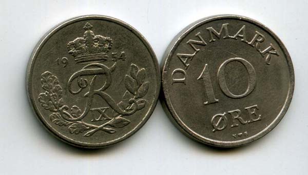 Монета 10 оре 1954г Дания