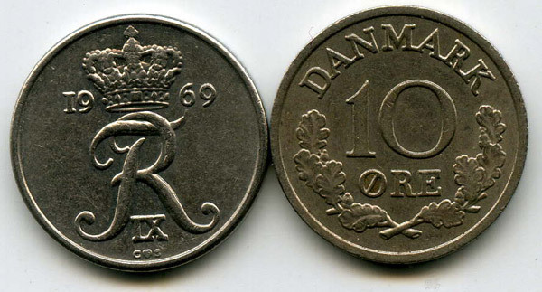 Монета 10 оре 1969г Дания