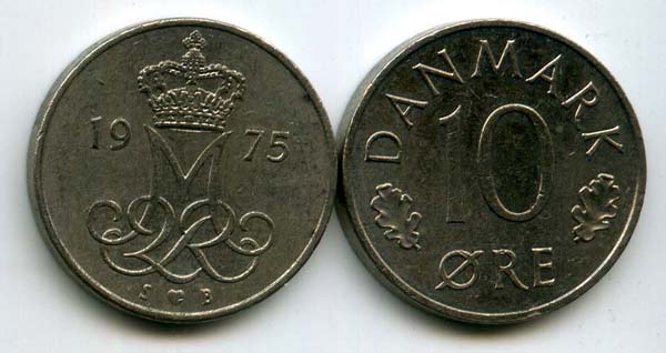 Монета 10 оре 1975г Дания