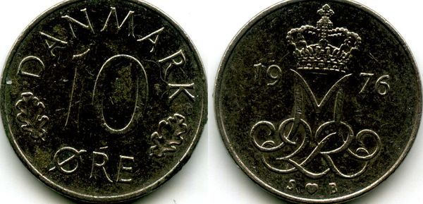 Монета 10 оре 1976г Дания