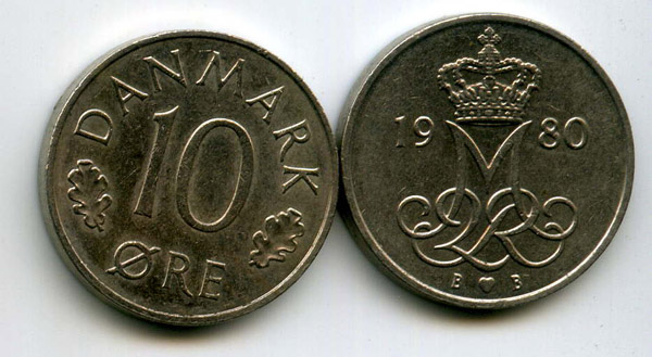 Монета 10 оре 1980г Дания