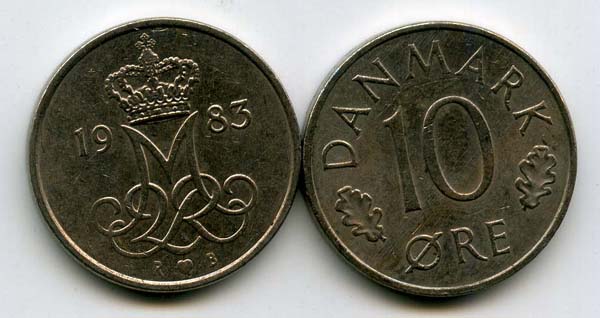 Монета 10 оре 1983г Дания