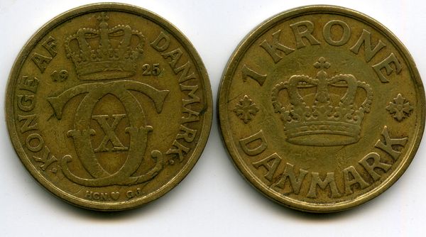 Монета 1 крона 1925г Дания