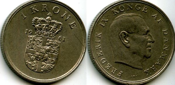 Монета 1 крона 1961г Дания