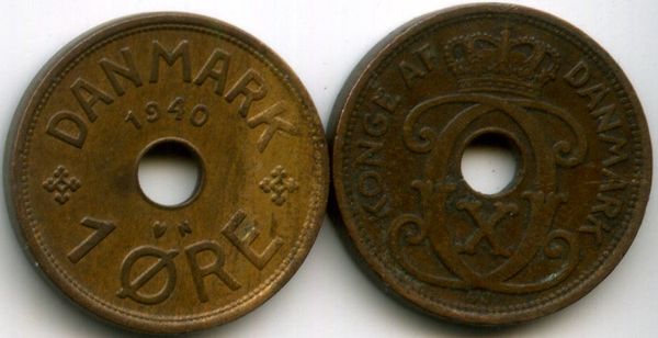 Монета 1 оре 1940г Дания