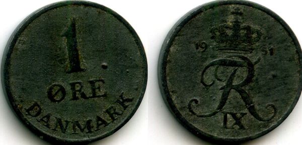 Монета 1 оре 1951г Дания