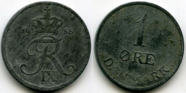 Монета 1 оре 1956г Дания