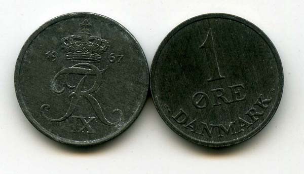 Монета 1 оре 1967г Дания