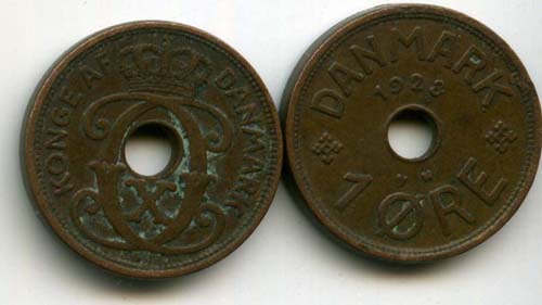 Монета 1 оре 1928г Дания