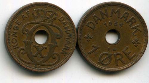Монета 1 оре 1934г Дания