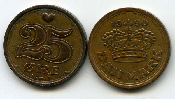 Монета 25 оре 1990г Дания