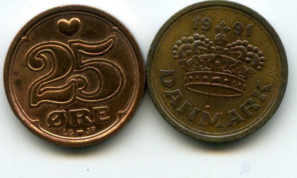 Монета 25 оре 1991г Дания