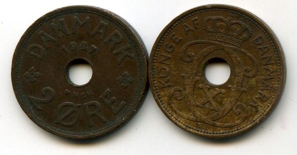 Монета 2 оре 1927г Дания