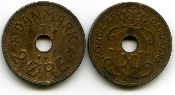 Монета 2 оре 1928г Дания