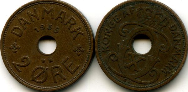 Монета 2 оре 1935г Дания