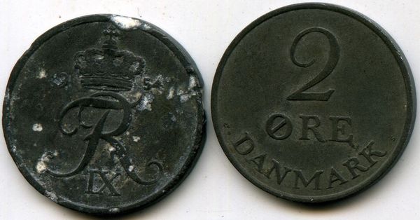 Монета 2 оре 1954г Дания