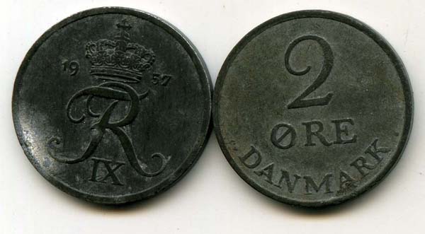 Монета 2 оре 1957г Дания