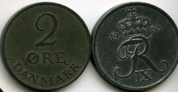 Монета 2 оре 1960г Дания