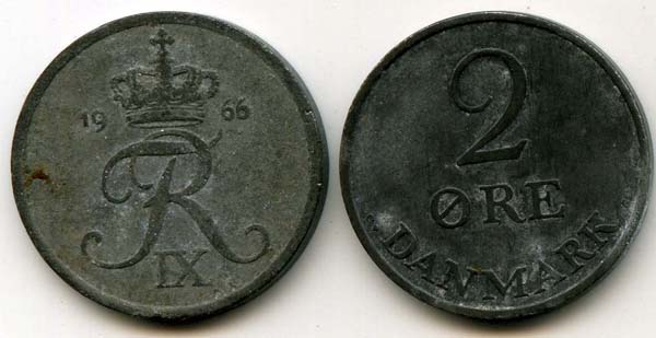 Монета 2 оре 1966г Дания