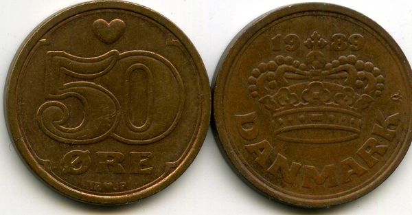 Монета 50 оре 1989г Дания