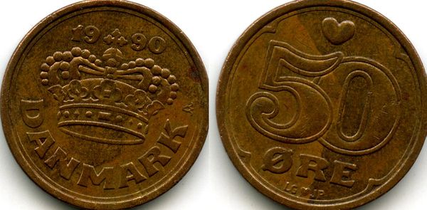 Монета 50 оре 1990г Дания