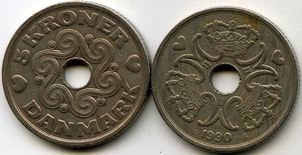 Монета 5 кроны 1990г Дания