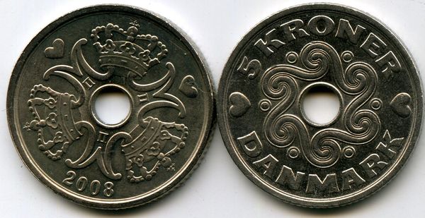 Монета 5 кроны 2008г Дания