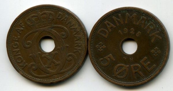 Монета 5 оре 1928г Дания