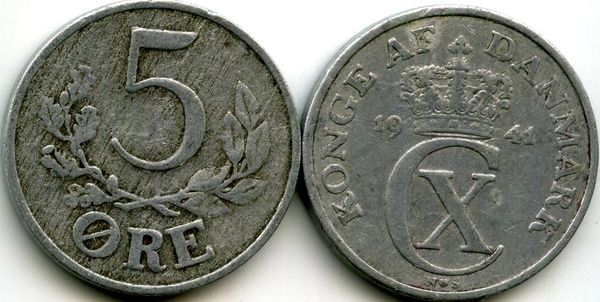 Монета 5 оре 1941г Дания