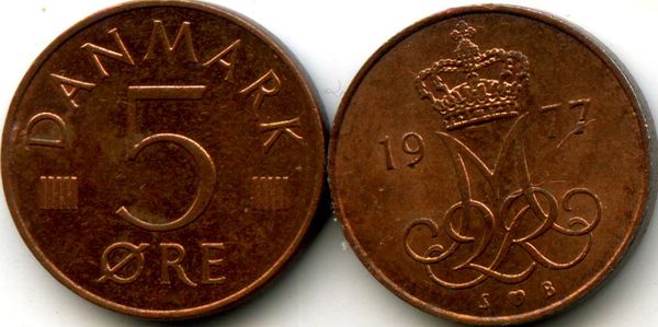 Монета 5 оре 1977г Дания