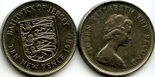 Монета 10 новых пенсов 1980г Великобритания (Джерси)