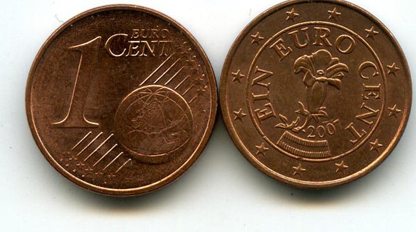 Монета 1 евроцент 2007г Австрия
