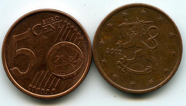 Монета 5 евроцентов 2002г Финляндия