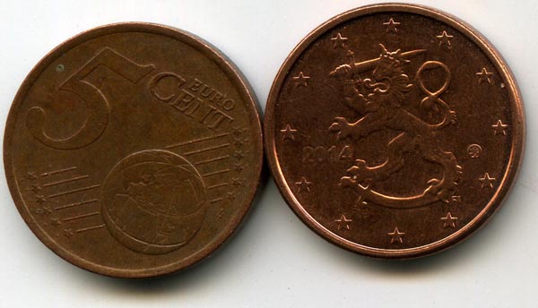 Монета 5 евроцентов 2014г Финляндия