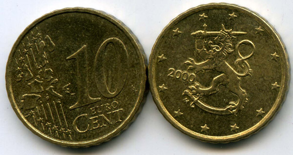 Монета 10 евроцентов 2000г Финляндия