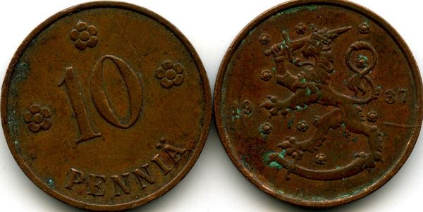Монета 10 пенни 1937г Финляндия