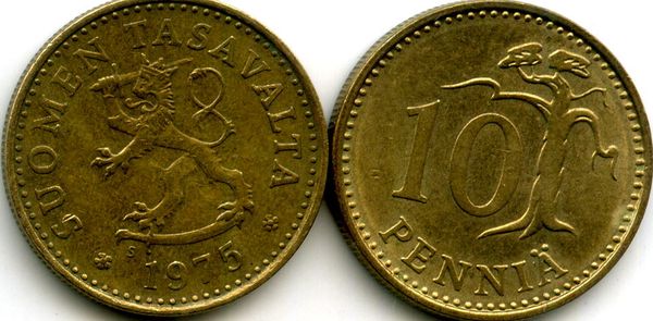 Монета 10 пенни 1975г Финляндия