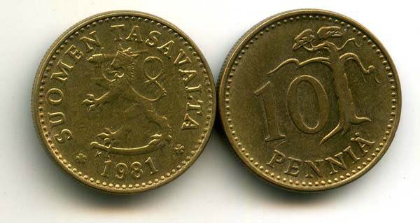 Монета 10 пенни 1981г Финляндия