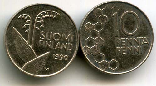 Монета 10 пенни 1990г Финляндия