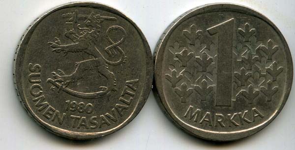 Монета 1 марка 1980г Финляндия
