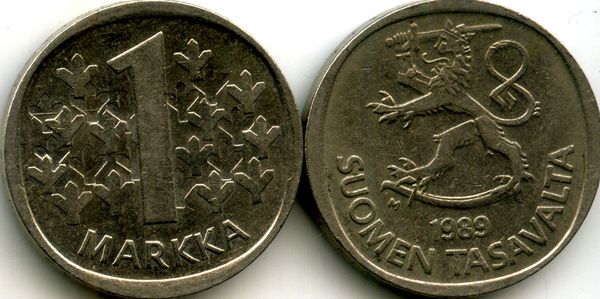 Монета 1 марка 1989г Финляндия