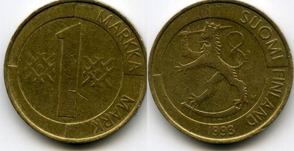 Монета 1 марка 1993г Финляндия