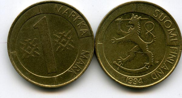 Монета 1 марка 1994г Финляндия