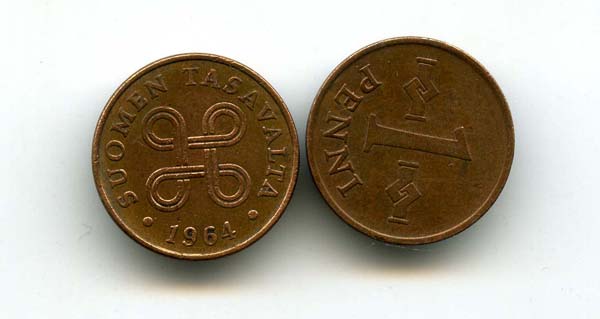 Монета 1 пенни 1964г Финляндия