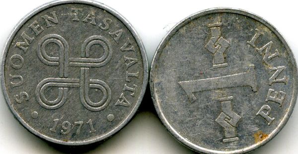 Монета 1 пенни 1971г Финляндия