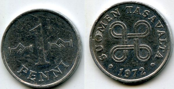 Монета 1 пенни 1972г Финляндия